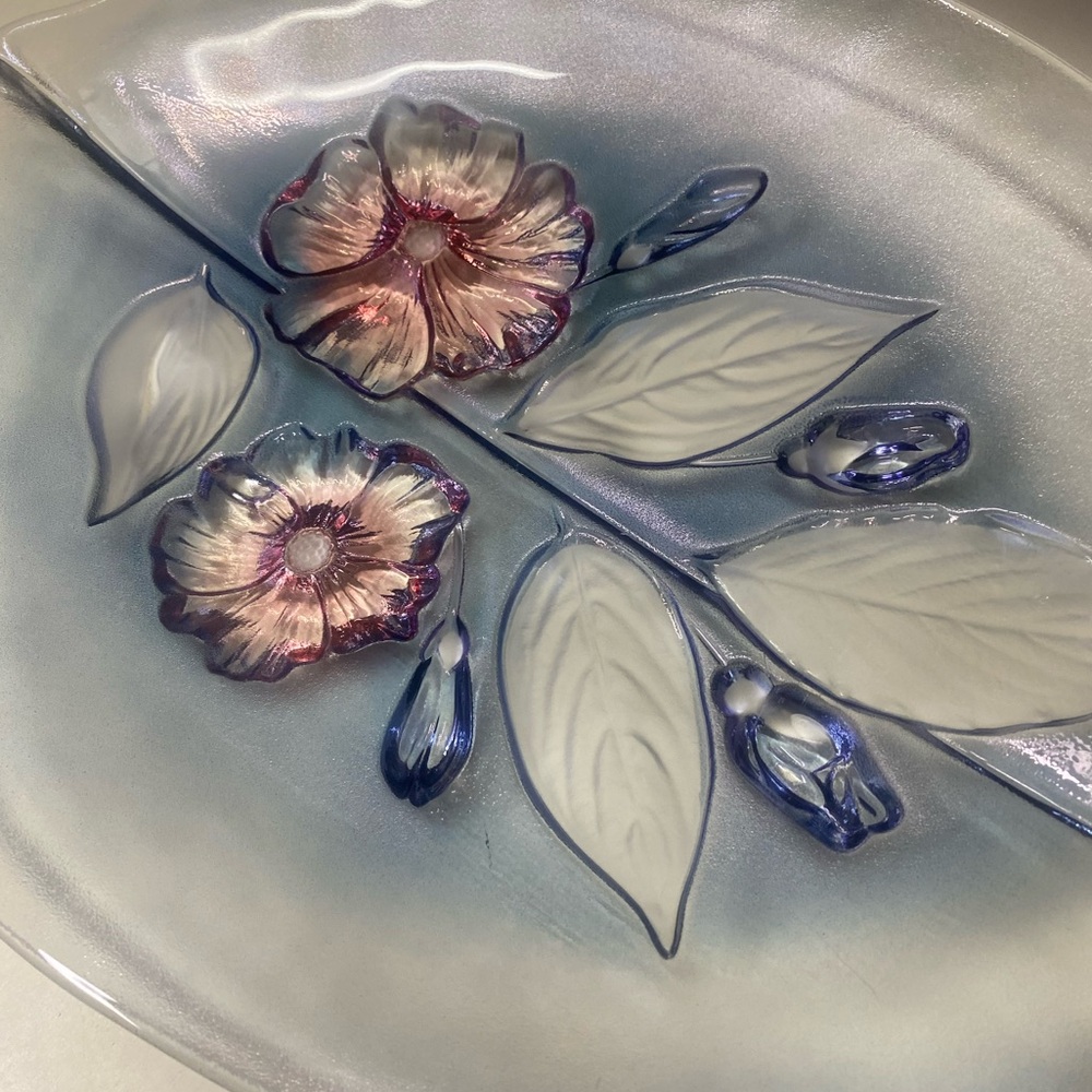 Vintage Oval Serving Platter Frosted Floral Pattern Art Glass Sculpted High Tea